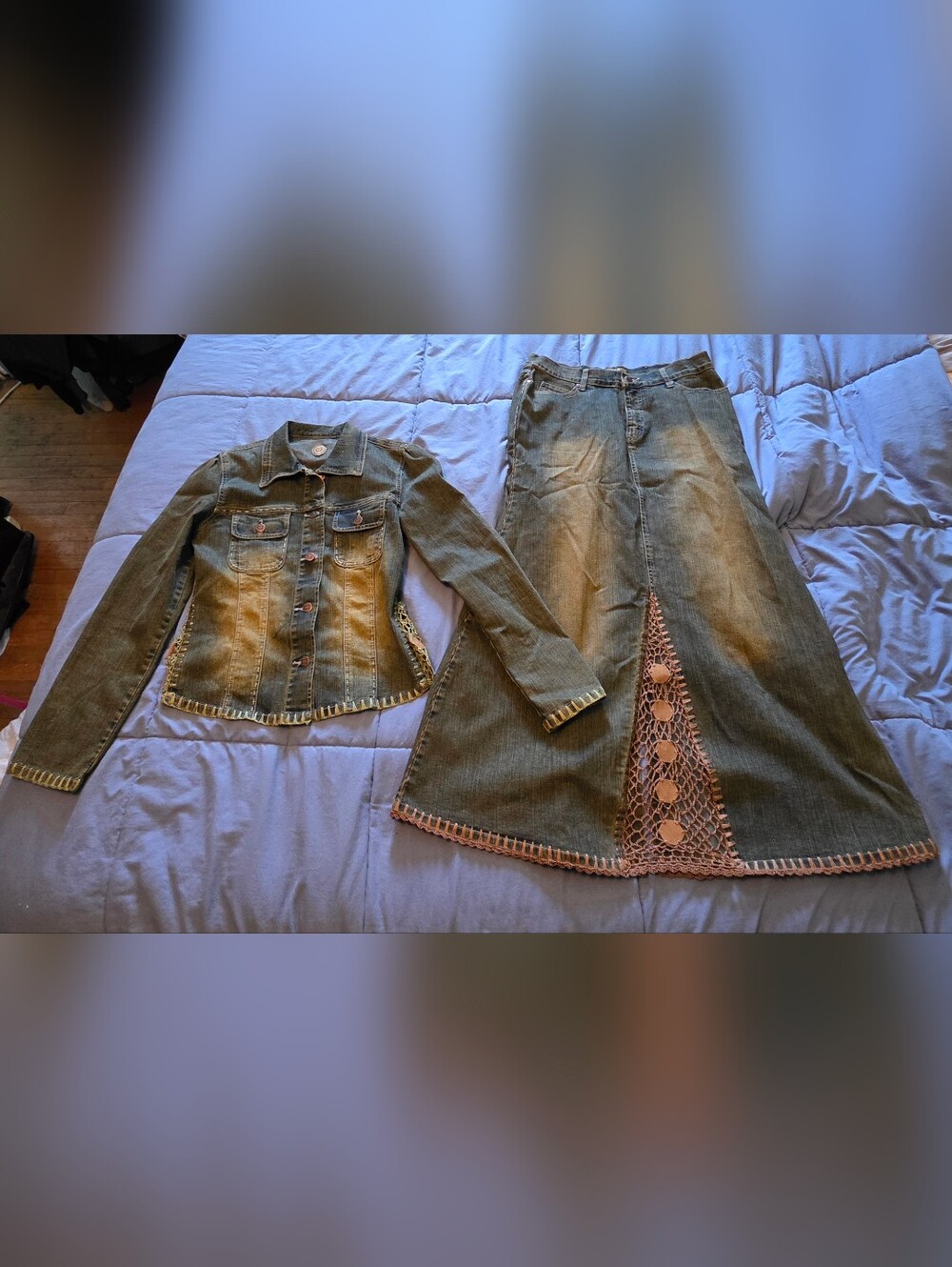 Crest Jeans Two Piece Olive-Wash Denim Skirt And Jacket Set with Crochet